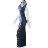 Mid length tight fitting dress for street trendsetters with hollowed out round neck and buttocks skirt with floral print on the head