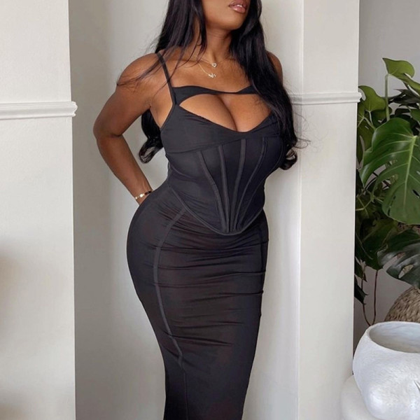 Sexy suspender with solid color top, small vest, buttocks wrapped skirt, two-piece set