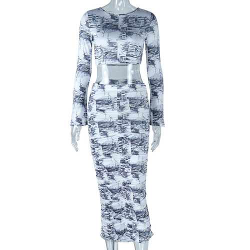 Fashionable printed round neck, long sleeved, navel exposed, back closed, waist wrapped, hip wrapped skirt set