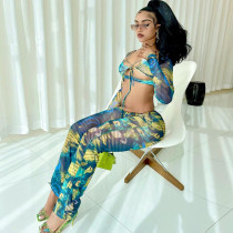 Fashionable printed sexy chest wrap with exposed navel, long sleeved top and pants, two-piece trendy women's sports set