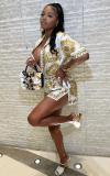Digital positioning printed shirt with elastic waist split shorts set, two-piece set