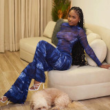 Women's Fashion Printed Long Sleeve Top Perspective Mesh Pants Flare Pants Fashion Set
