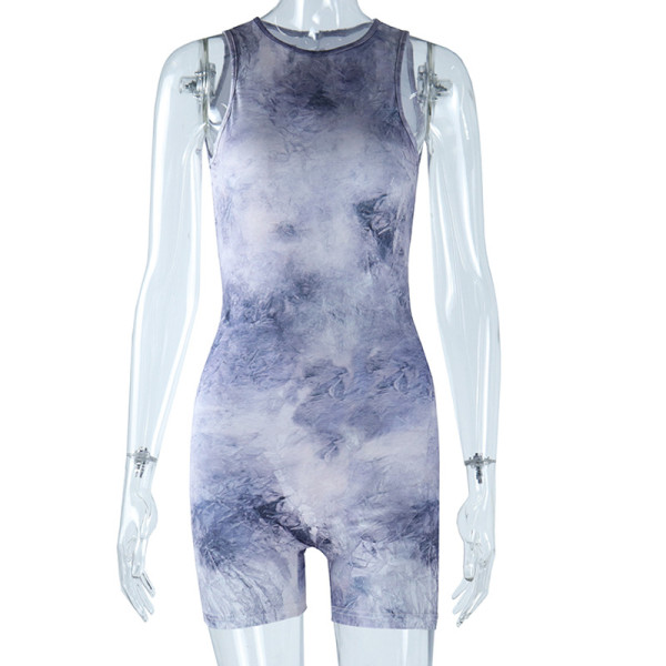 Stand up collar open back jumpsuit digital printing sleeveless tight fitting jumpsuit three in one pants hot pants
