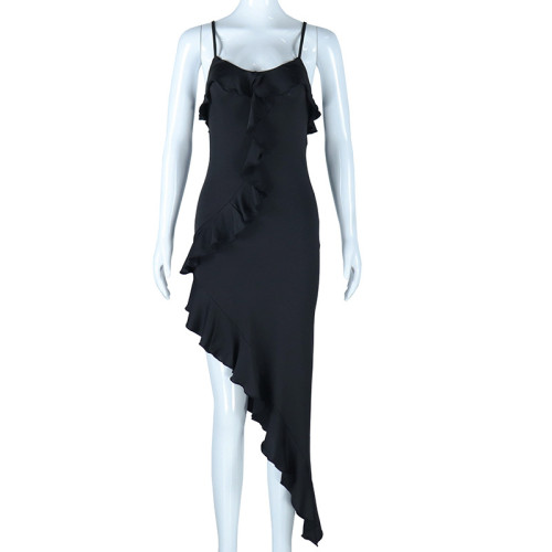 Wooden ear edge strap tight fitting dress with solid color pullover and irregular open cut buttocks skirt