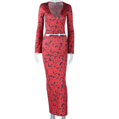 Fashionable printed sexy deep V long sleeved navel exposed top with buttocks wrapped skirt two-piece set