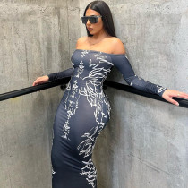 Fashion Printed Sexy One Line Neck Long Sleeve Pullover Wrap Hip Dress