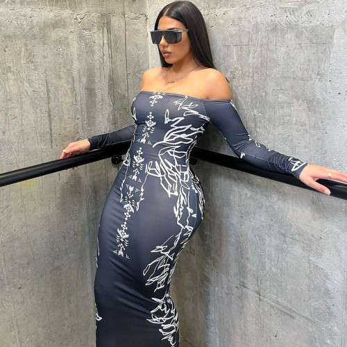 Fashion Printed Sexy One Line Neck Long Sleeve Pullover Wrap Hip Dress