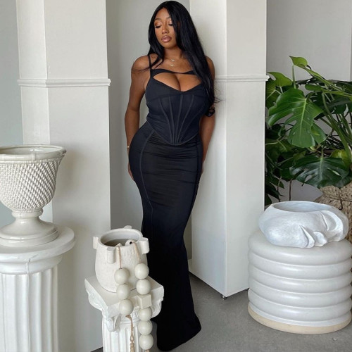 Sexy suspender with solid color top, small vest, buttocks wrapped skirt, two-piece set