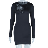 Sexy Hollow Out Chest Open Round Neck Long Sleeve Hip Wrap Celebrity Dress
