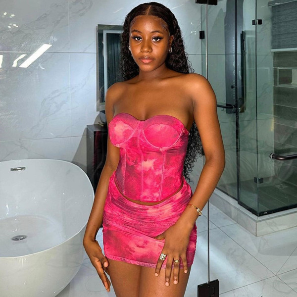 Sexy Wrapped Chest Print Tank Top Half Dress Two Piece Set