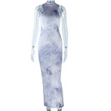 Standing neck tight fitting dress sexy open back mid length covered hip skirt