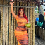 Perspective Mesh Gradient Print Round Neck Short Sleeve Wrap Hip Split Beach Dress