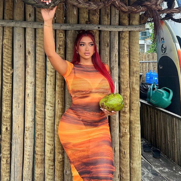 Perspective Mesh Gradient Print Round Neck Short Sleeve Wrap Hip Split Beach Dress