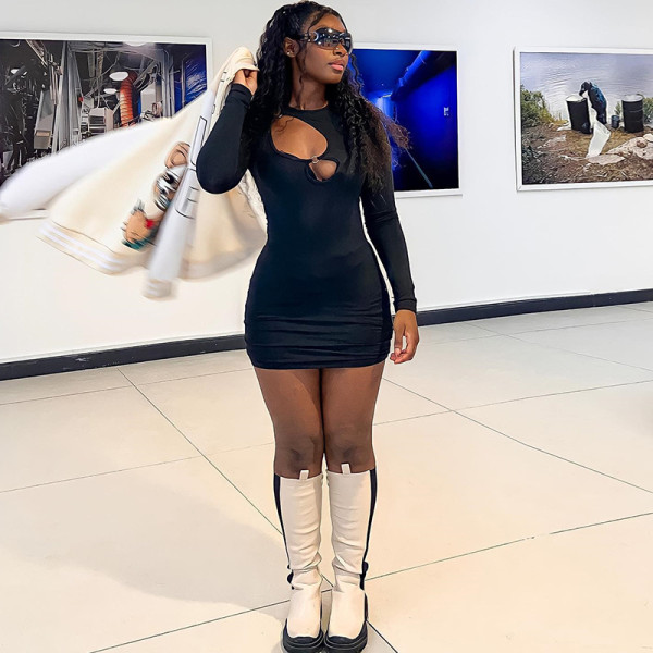 Sexy Hollow Out Chest Open Round Neck Long Sleeve Hip Wrap Celebrity Dress