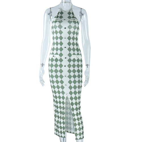 U-neck tight fitting dress, small fragrant style, medium length, buttocks wrapped skirt, pullover, checkered print, backless skirt