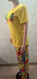 Fashion printed short sleeved casual torn pants two-piece set