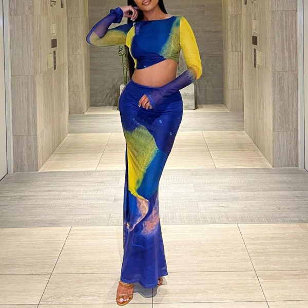 Printed Skirt Set Flare Sleeve Pleated Short Top High Waist Wrapped Hip Half Dress Fashion Two Piece Set