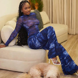 Women's Fashion Printed Long Sleeve Top Perspective Mesh Pants Flare Pants Fashion Set