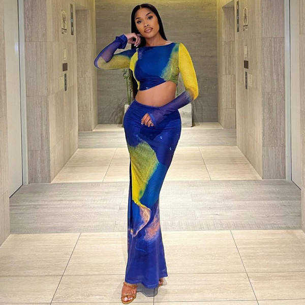Printed Skirt Set Flare Sleeve Pleated Short Top High Waist Wrapped Hip Half Dress Fashion Two Piece Set