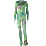 Fashion tight fitting set, digital printed round neck short top, high waist, buttocks, and leggings two-piece set