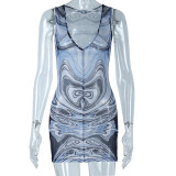 Sexy V-neck Skinny Dress Mesh Print Perspective Wrapped Hip Skirt Sleeveless Head Skirt