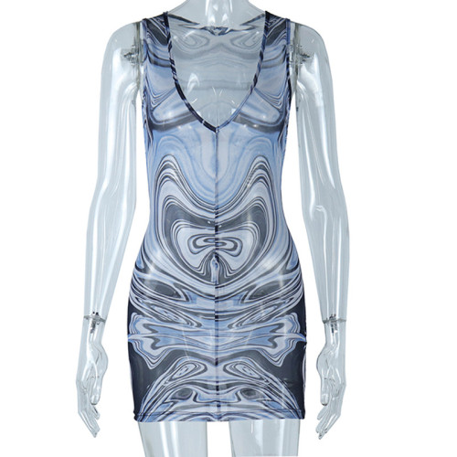 Sexy V-neck Skinny Dress Mesh Print Perspective Wrapped Hip Skirt Sleeveless Head Skirt
