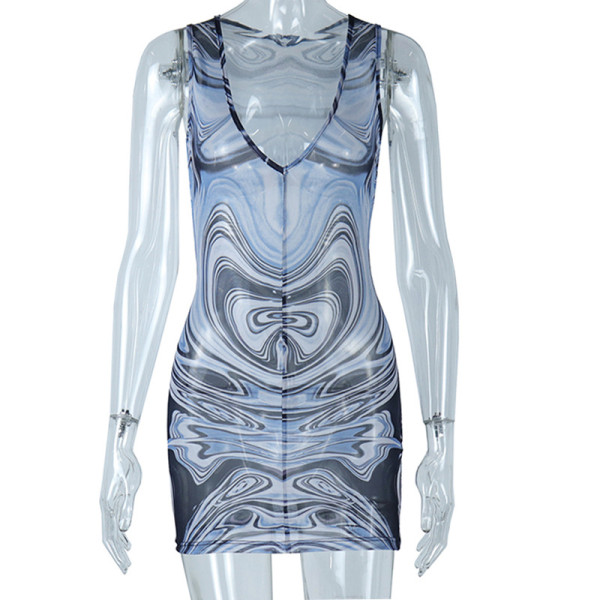 Sexy V-neck Skinny Dress Mesh Print Perspective Wrapped Hip Skirt Sleeveless Head Skirt