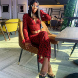 Fashionable printed sexy deep V long sleeved navel exposed top with buttocks wrapped skirt two-piece set