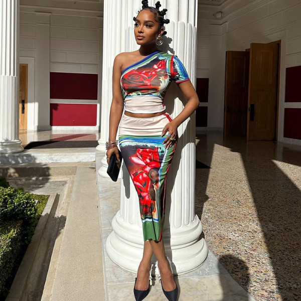 Fashion Print Sexy Off Shoulder One Shoulder Sleeve Wrap Hip Half Dress Two Piece Set