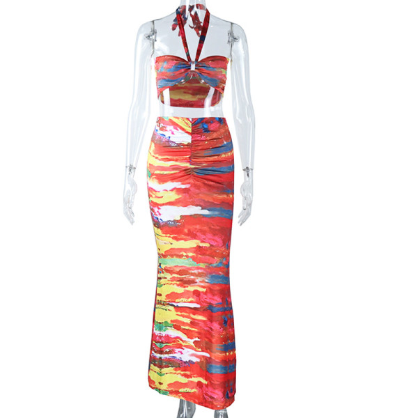 Fashion Set Sexy Hanging Neck Print Top High Waist Wrap Hip Half Skirt Two Piece Set