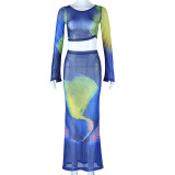 Printed Skirt Set Flare Sleeve Pleated Short Top High Waist Wrapped Hip Half Dress Fashion Two Piece Set