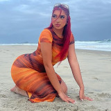 Perspective Mesh Gradient Print Round Neck Short Sleeve Wrap Hip Split Beach Dress