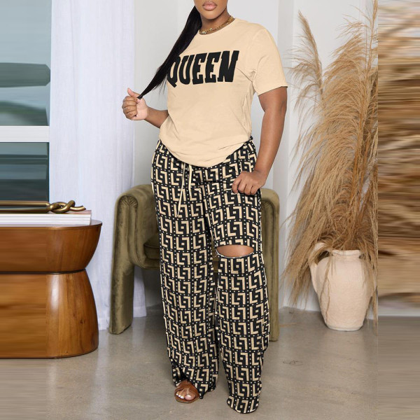 Fashion printed short sleeved casual torn pants two-piece set