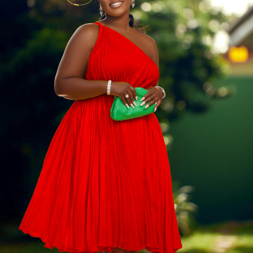 Pleated sloping shoulder large hem with tie up solid color dress