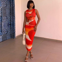 Fashion printed round neck sleeveless buttocks wrapped fashion long dress Fashion printed round neck sleeveless buttocks wrapped fashion long dress