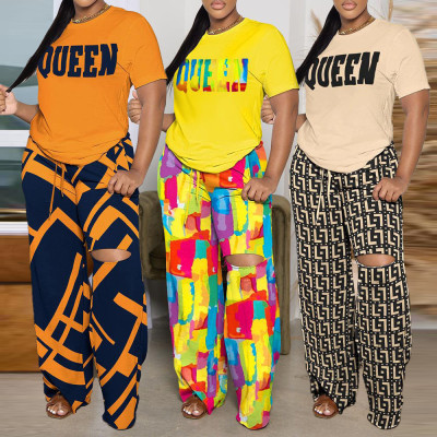 Fashion printed short sleeved casual torn pants two-piece set