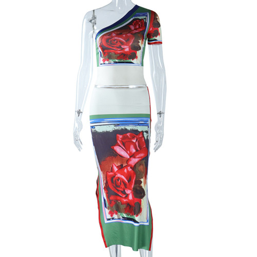 Fashion Print Sexy Off Shoulder One Shoulder Sleeve Wrap Hip Half Dress Two Piece Set
