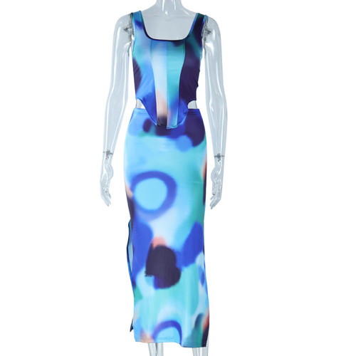 Fashion Printed Sleeveless Tank Top Split Half Dress Two Piece Set