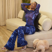 Women's Fashion Printed Long Sleeve Top Perspective Mesh Pants Flare Pants Fashion Set