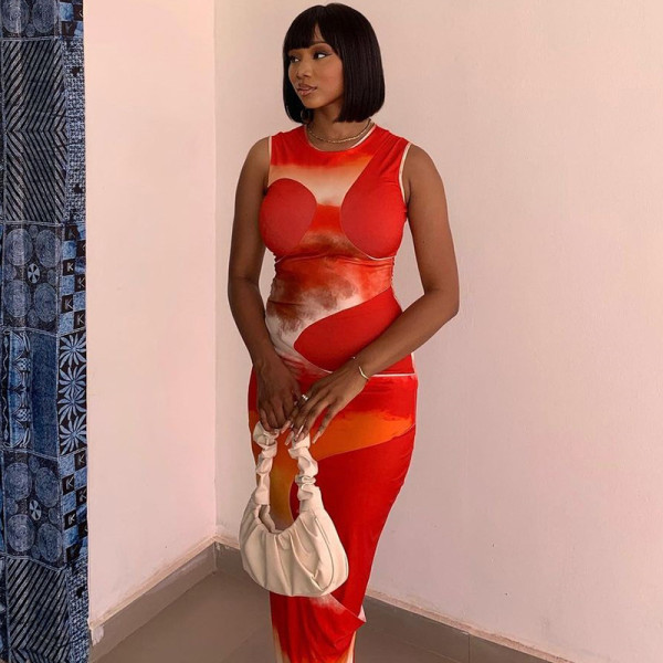 Fashion printed round neck sleeveless buttocks wrapped fashion long dress