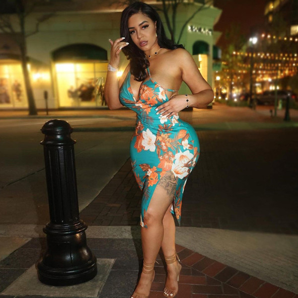 Fashion Print Sexy Deep V Wrapped Chest One Shoulder Hanging Neck Split Wrapped Hip Dress