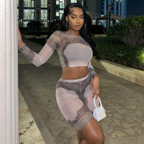 Mesh Perspective Tight Set Round Neck Long Sleeve Top High Waist Hip Lift 5/4 Pants Two Piece Set