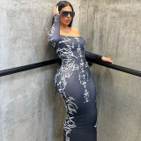Fashion Printed Sexy One Line Neck Long Sleeve Pullover Wrap Hip Dress