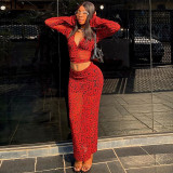 Fashionable printed sexy deep V long sleeved navel exposed top with buttocks wrapped skirt two-piece set