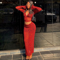 Fashionable printed sexy deep V long sleeved navel exposed top with buttocks wrapped skirt two-piece set
