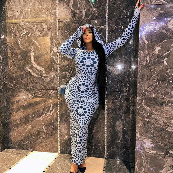 Fashionable dot print hooded long sleeved buttocks wrapped slim fitting dress