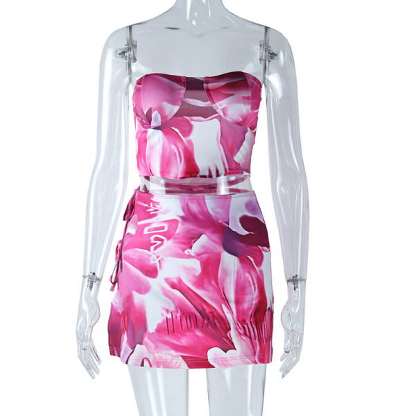 Fashionable printed sexy sleeveless chest wrap with exposed navel small vest, split buttocks wrap skirt set
