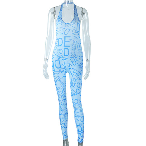 Hanging neck tight jumpsuit letter printed backless fitness pants with hip lifting yoga leggings
