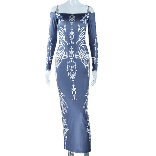 Fashion Printed Sexy One Line Neck Long Sleeve Pullover Wrap Hip Dress