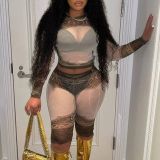 Sexy Mesh Perspective Set Long sleeved Round Neck Short Top 5 Point Bottom Two Sets